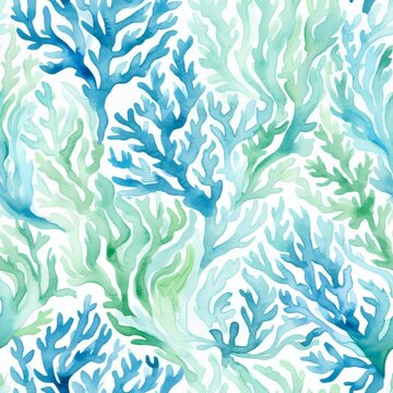 Watercolor painting of blue and green coral abstract underwater sea life art seamless pattern texture background