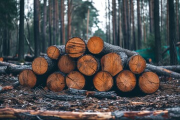 Stack of freshly cutted trees in a forest, deforestation concept. Generative AI