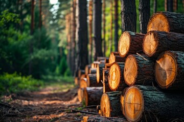 Stack of freshly cutted trees in a forest, deforestation concept. Generative AI