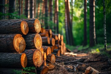 Stack of freshly cutted trees in a forest, deforestation concept. Generative AI