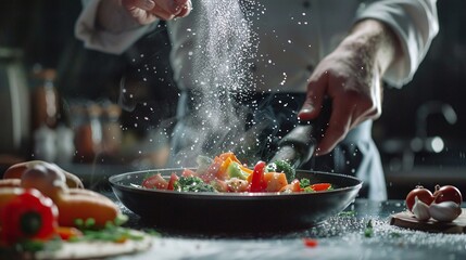 cooking fresh vegetables in hot pan with chef adding salt for grande cuisine idea in hotel kitchen