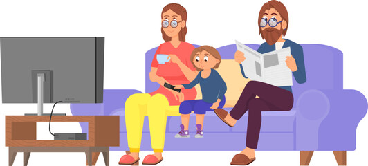 Parents and kid resting at home and watching tv together