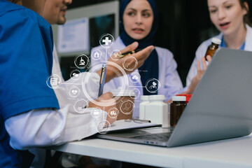 Doctor team, analysis the blood test examination results and medication usage of the patient on the chart, medical check-up concept.