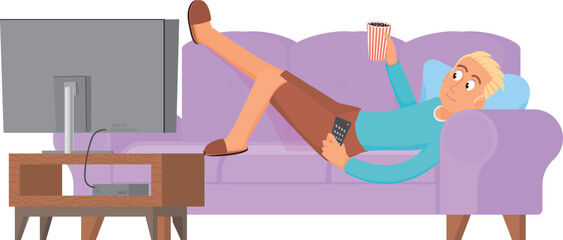 Home rest. Young man lay on couch and watch tv