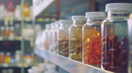Medicine bottles and pills on shelf in pharmacy drugstore