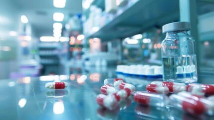 Medicine bottles and pills on table in drugstore - obrazy, fototapety, plakaty