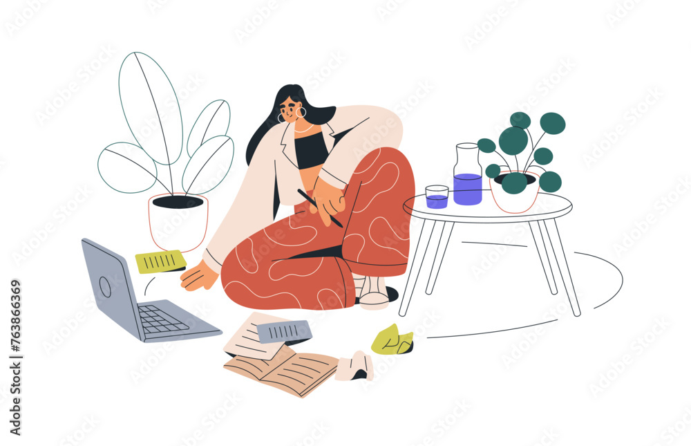 Poster Author, writer at computer and papers. Copywriter creating ideas, texts. Creative freelance screenwriter composing script, works under project. Flat vector illustration isolated on white background.