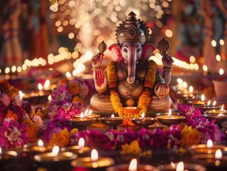 A vibrant Lord Ganesha idol surrounded by a multitude of lit diyas and colorful flowers during a festive celebration