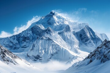 A breathtaking view of a majestic snow capped mountain peak under a clear blue sky with wispy clouds and rugged terrain - Powered by Adobe