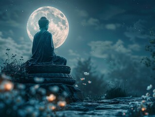Buddha statue sit in meditation and calming under the full moon surrounded by a mystical night landscape
