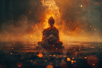A Buddha statue in deep meditation enveloped by a mystical fiery glow and floating embers