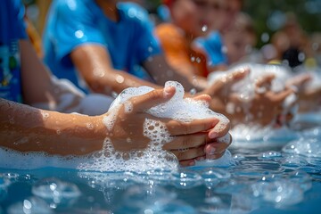 Children cleaning hands with soap to prevent germ spreading after coming home. Concept Hand Washing, Prevention, Hygiene, Children, Germ Control