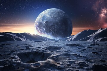 Naklejka na ściany i meble Lunar Landscape Mystical Moon Surface with Earthrise View, High-Resolution Digital Art Illustration