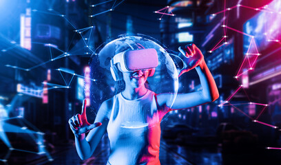 Female stand in cyberpunk style building in meta wear VR headset connecting metaverse, future...