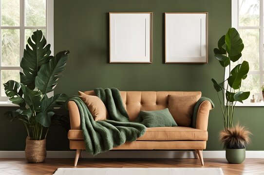 modern living room with sofa: earth colors theme with Mons tera indoor plant decorations. Empty picture frames on wall.