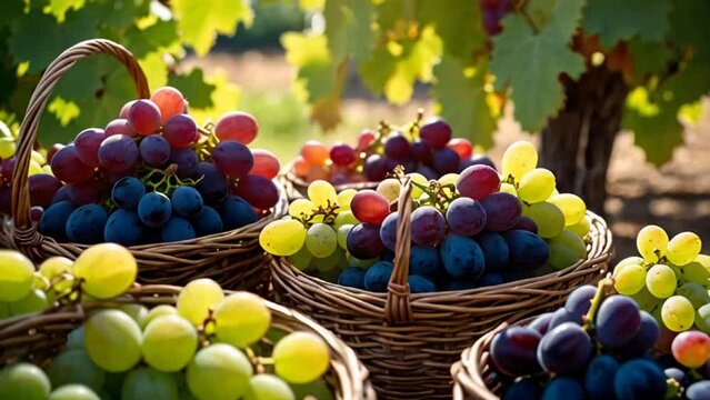 fresh grapes in a basket against the background of a vineyard