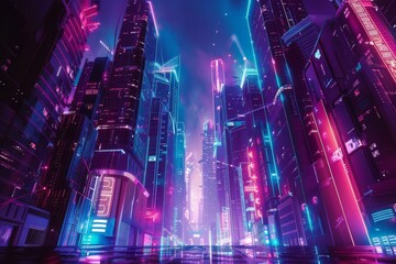 Neon Noir: Futuristic City at Night with Neon Lights and Mysterious Atmosphere, Digital Art Cyberpunk Theme