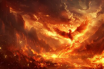Phoenix Rebirth: Mythical Phoenix Rising from Ashes in a Fiery Landscape, Digital Art Fantasy Theme