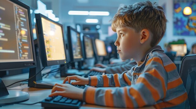 smart schoolboy in elementary school computer science classroom working on personal computers learning programming language and software coding education