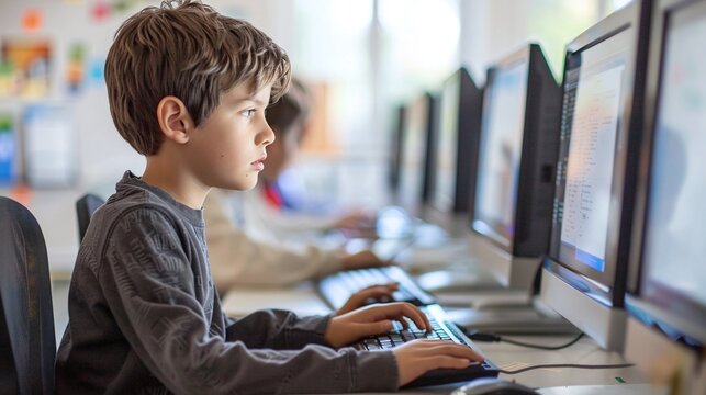 schoolchildren in elementary school computer science classroom learning programming language and software coding with personal computers modern education