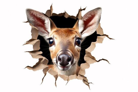 a deer looking through a hole in a wall