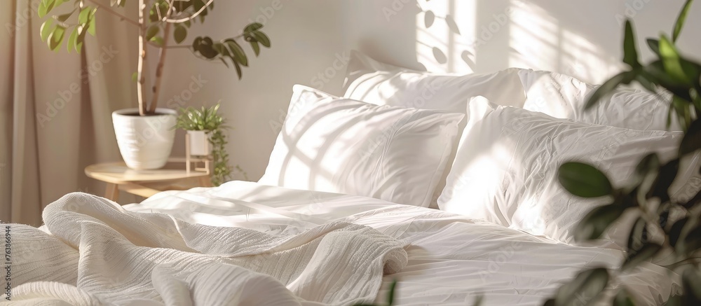 Wall mural A comfortable bed with white sheets and pillows in a bedroom, next to a houseplant, on a hardwood bed frame in a wooden house