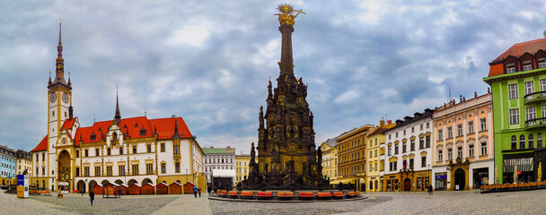 Panoramic view old square, town hall and the holy trinity column. Olomouc, Czech republic