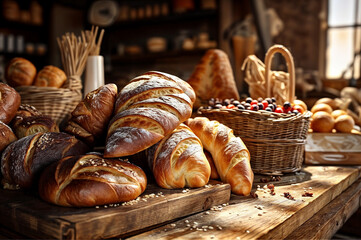 Fresh fragrant bread and pastries on the table.  Food concept. Still life.