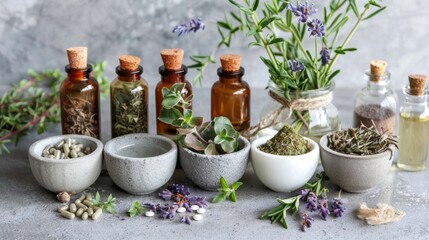 Obraz na płótnie Canvas Herbs and spices on stone background. Herbal medicine concept.
