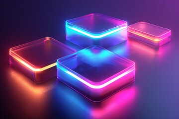 A series of square glass containers with neon lights inside. futuristic technology background
