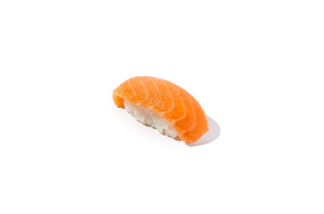 Traditional japanesse food - salmon nigiri sushi on white background. Salmon nigiri isolation on white background. Simple sushi with salmon.