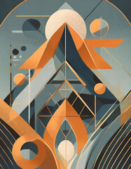 Abstract art with geometric shapes and lines in blue and orange