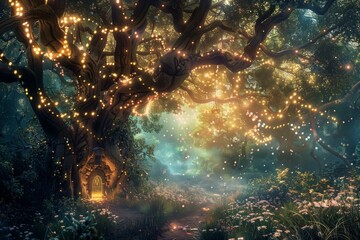 Whimsical Woodland Enchanted Forest with Magical Creatures and Twinkling Lights, Digital Art Fantasy