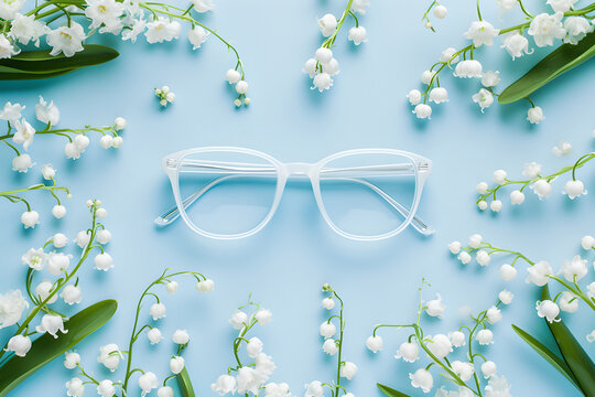 Eyeglasses with may-lily flower flat lay. White glasses frame with white lily of valley flowers on blue background. Advertising for optical store creative design, top view. Photograph ai