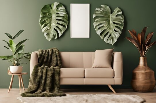 modern living room with sofa: earth colors theme with Mons tera indoor plant decorations. Empty picture frame on wall.