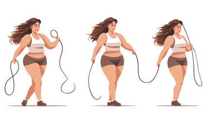 Fat obese woman doing exercises with jumping rope ov