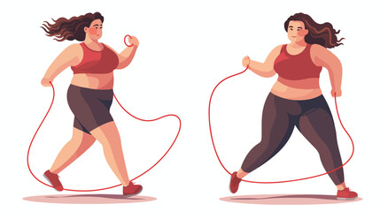 Fat obese woman doing exercises with jumping rope ov - obrazy, fototapety, plakaty