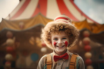 Happy child clown on background stripes tent of circus. Show and childish entertainment. Circus canopy performance. Girl character in clown makeup. Funny clown on holiday - obrazy, fototapety, plakaty