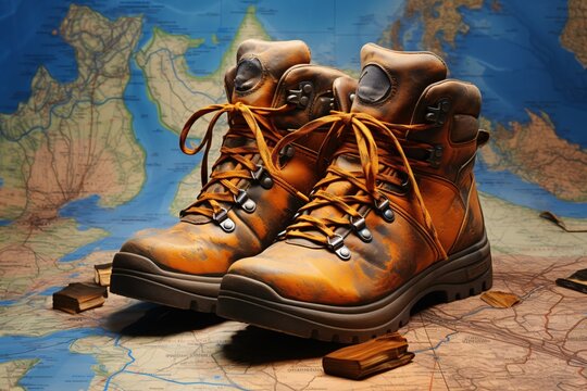 a pair of brown boots on a map