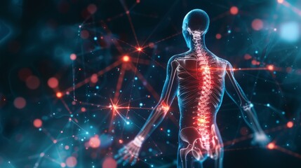 Human body with glowing connection lines and dots on dark background