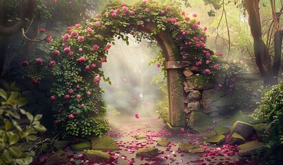 A charming garden path, decorated with blooming roses, illuminated by soft sunlight, inviting you on a journey to the beauty of nature