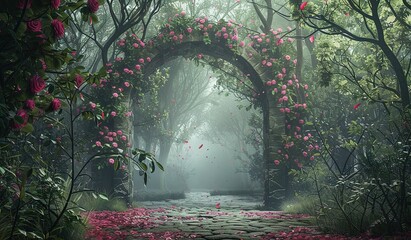 A charming garden path, decorated with blooming roses, illuminated by soft sunlight, inviting you on a journey to the beauty of nature