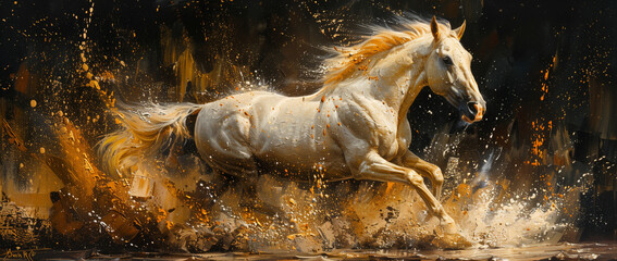 Oil painting of a white and golden horse
