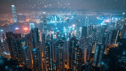 Aerial photo of a Hong Kong cityscape with many skyscapers and development infrastructure. Famous business center megapolis with wireless map of internet comunication and networking connection concept - obrazy, fototapety, plakaty