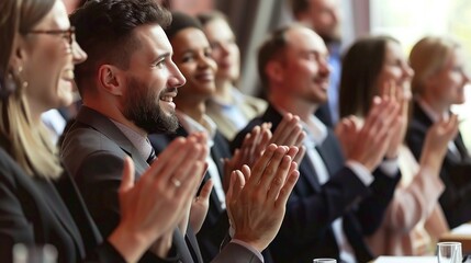 group of people applauding together in business meeting showcasing teamwork and corporate success