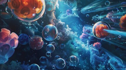 Abstract composition with underwater tubes with colorful jelly balls inside and bubbles - obrazy, fototapety, plakaty