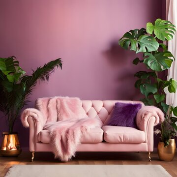 modern living room with pink color sofa: pink and purple colors theme with Mons tera indoor plant decorations. cozy and comfortable living