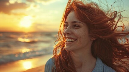 joyful woman with red hair smiling and carefree strolling along the beach at sunset vacation moment - obrazy, fototapety, plakaty