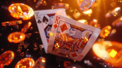 Playing cards and chips flying in the air. Casino concept