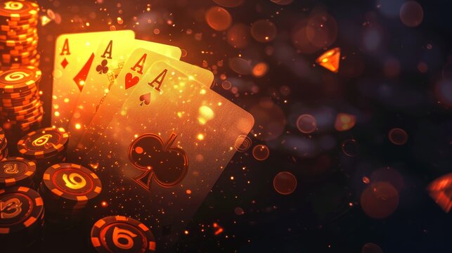 Playing cards and casino chips falling on dark background